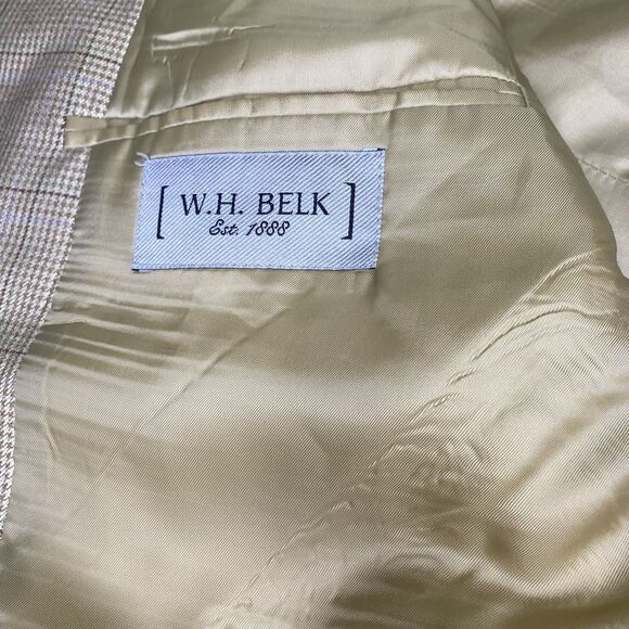 W.H. BELK Silk Wool Plaid Two Button Classic Blazer Sport Coat Mens 48R Beige - Picture 3 of 12